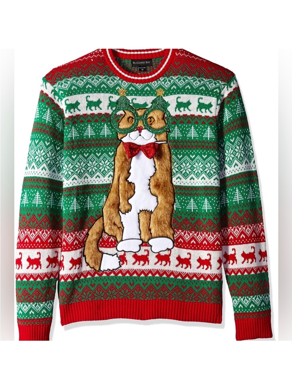 Blizzard Bay Men’s Green & Red Holiday Cat Ugly Christmas Crewneck Sweater